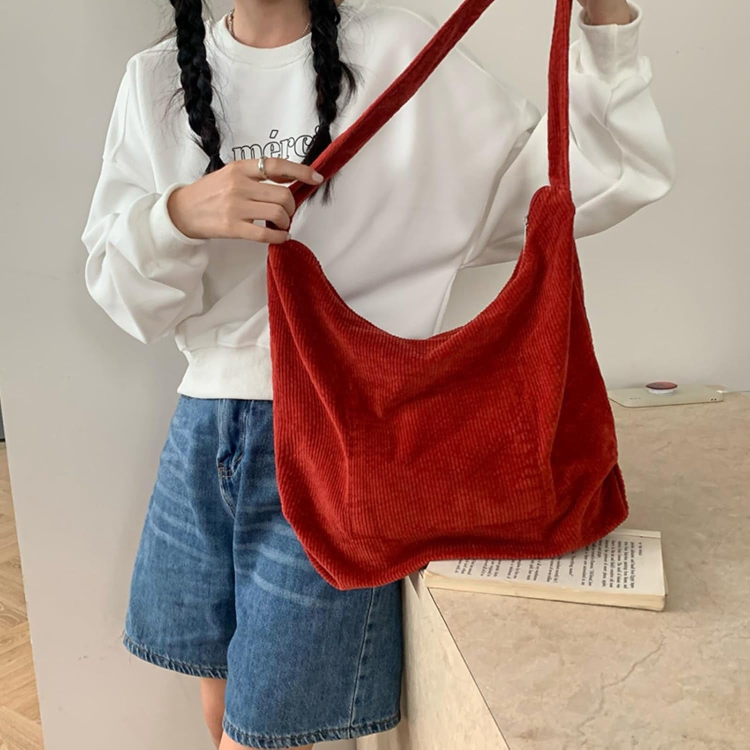 Kwuty Corduroy Tote Bag for Women Girl Canvas Shoulder Handbags Cute Large Purse