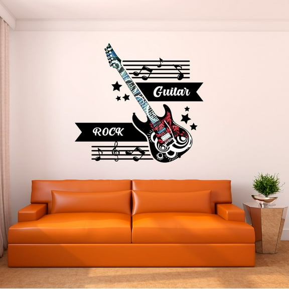 Music Wall Decal Guitar with Geometric Pattern and Musical Notes Playroom Wall Decal for Children Instrument Cute Themed Room Decal - Size: 10 In x 9 In