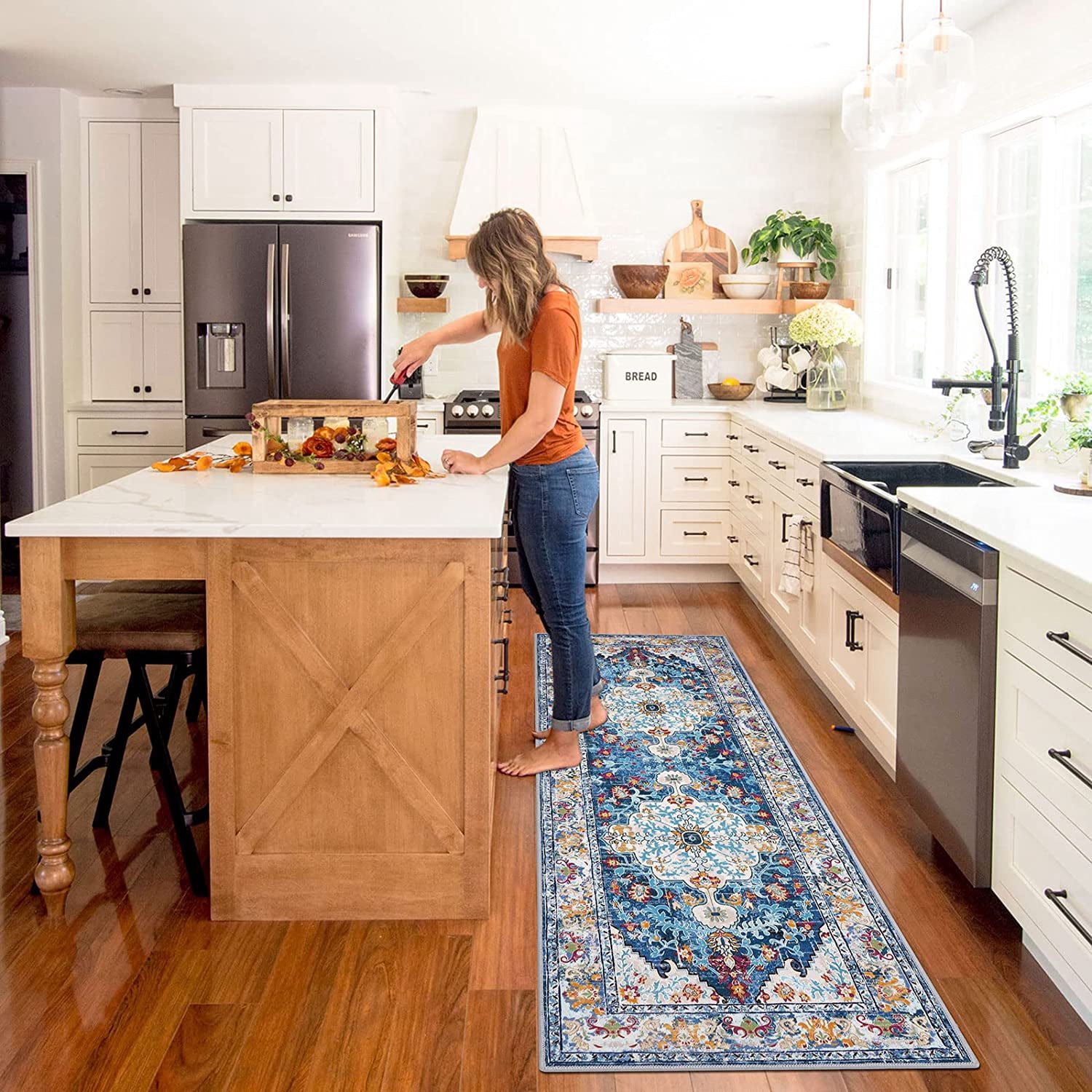 Findosom 2'x6' Vintage Boho Runner Rug Washable Non-slip Area Rug,Hallway Indoor Farmhouse Bedroom Kitchen Living Room Non Shedding Runner, Contemporary Low Plie Floor Carpet Doormat,Blue