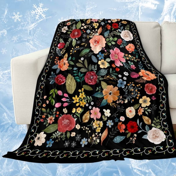 Watercolor Flowers Cooling Blanket, Lightweight Breathable Summer Throw Blanket with Double Sided Cold Effect,Farmhouse Floral Vintage Black Picnic Beach Blankets Bed Sheet for Hot Sleepers 40"x60"