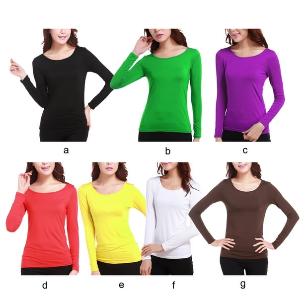 Long Sleeve Undershirt Breathable Plain Pullover Underwear for Female Ladies  Winter Clothing T-Shirt Top Elastic Casual Style Underwear Female Red 