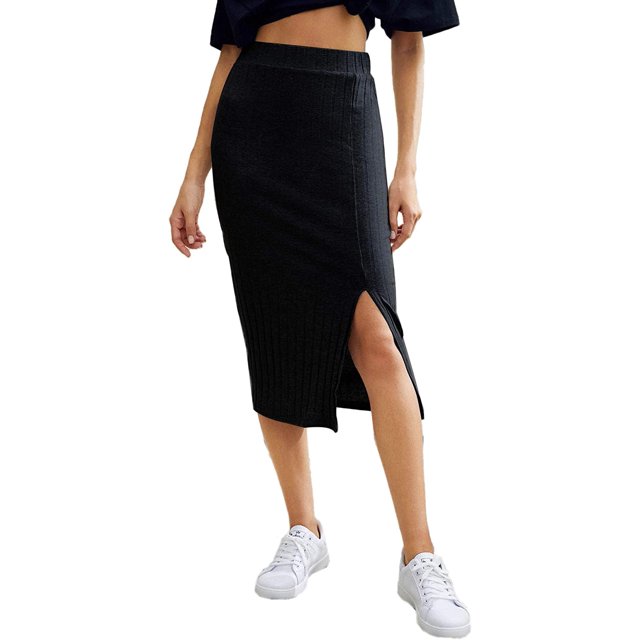Falda midi básica de punto acanalado para mujer Negro - XL Negro - XL Xishao ropa