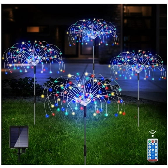 Solar Garden Lights Outdoor Decorative, 4 Pack 120 LED Solar Light Decorative Waterproof 8 Modes Sparkles Firefly Stake Fireworks