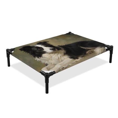 Border Collie Elevated Dog Bed Rustic Farmhouse Country Black White Dog Textured Cooling Breathable Outdoor Raised Dog Cot Bed with Metal Frame Non-Slip Feet for Large Dog 28x22in