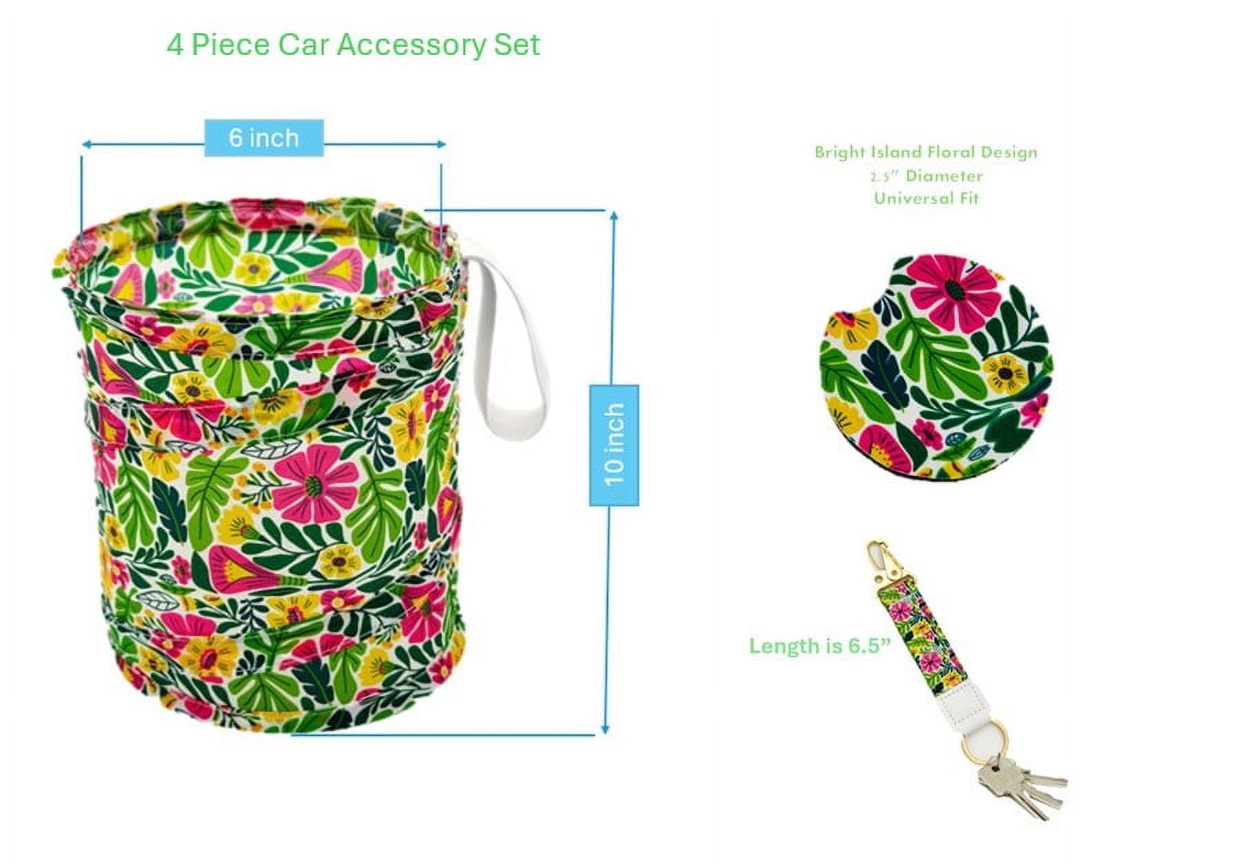 Women's Bright Island Floral Car Accessory Set with Keychain, Collapsible Trashcan, and Coasters