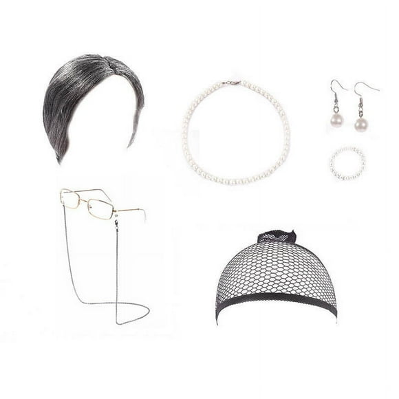 Old Lady Wig Granny Cosplay Wig Old Lady Costume For Women Grandma Wig Cap Glasses Chain Pearl Necklace Earring Bracelet(7 )