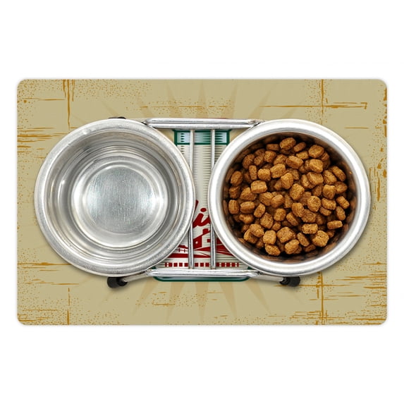 Farmhouse Pet Mat for Food and Water, Retro Style Milk Bottle Illustration on Weathered Grungy Background Dairy Product, Non-Slip Rubber Mat for Dogs and Cats, 18" X 12", by Ambesonne