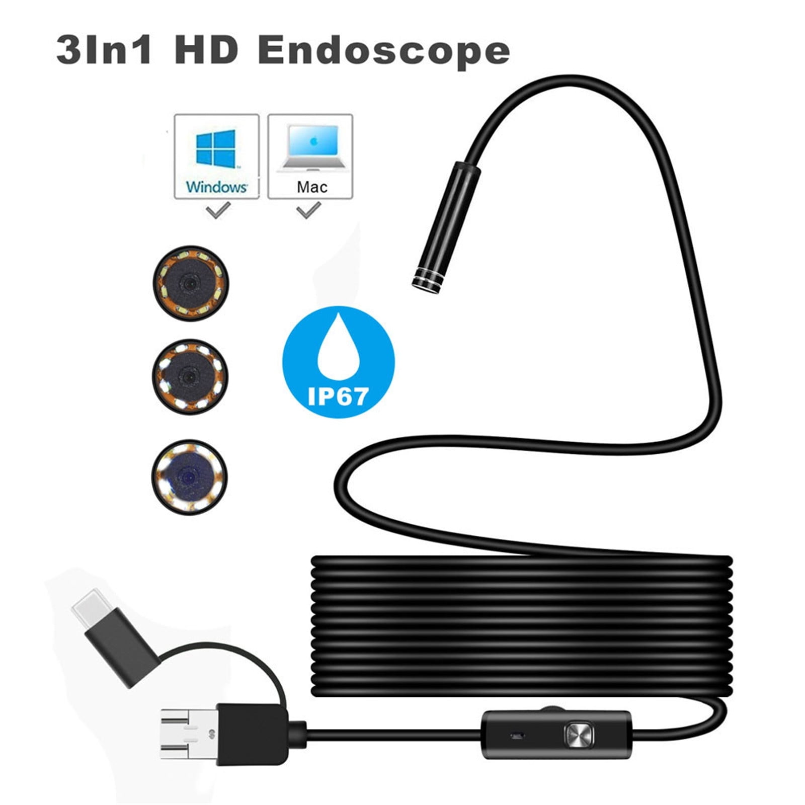 JilgTeok 3 Packs 3 in 1 Android Endoscope Camera 7mm HD Inspection Borescope with 6 LED Lights for Phone PC USB Waterproof Snake Camera for Plumbing Car Engine Repair