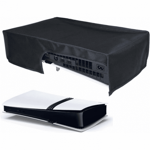 Console Dust Cover for PS5 Pro Disc & Digital, Horizontal Mode Dustproof Shell Protective Sleeve, Oxford Cloth Anti-Scratch Waterproof Easy Access Cable Port-Black with Black Trim