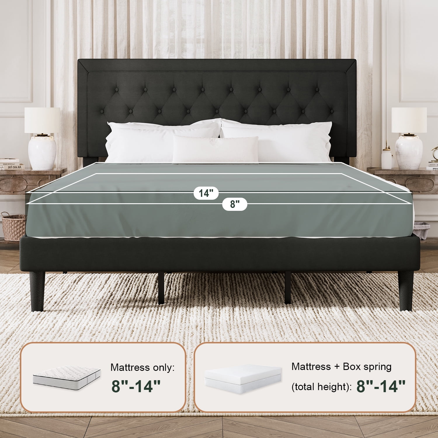 Amolife King Bed Frame with Adjustable Headboard, Upholstered Platform Bed, No Box Spring Required, Black