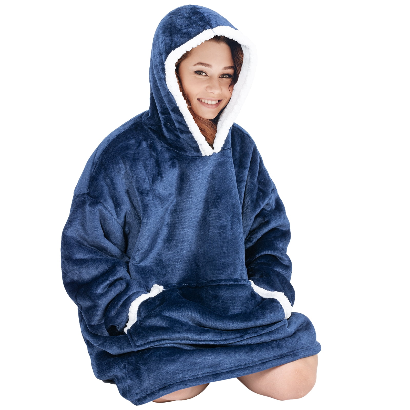 Qoosea Wearable Blanket Hoodie Oversized Fleece Sherpa Sweatshirt with Giant Pocket Winter Hooded Blanket for Women Men Christmas Gifts Navy Blue