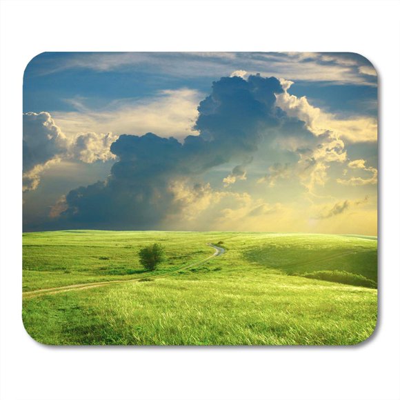 POGLIP Blue Field Summer Landscape Green Grass Road and Clouds Meadow Sky Hill Mousepad Mouse Pad Mouse Mat 9x10 inch