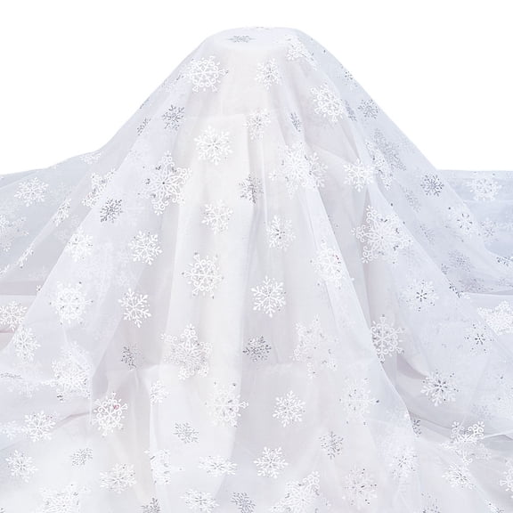 2.2 Yard White Snowflake Tulle Fabric 59~63inch Sheer Organza Fabric with Velvet Snowflake Pattern