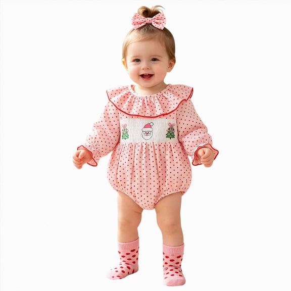 CAICJ98 My First Christmas Baby Girl Outfit Newborn Santa Smocked Bubble Romper Cute Ruffle Bodysuit One Piece Xmas Clothes with Headband,Size 3-6 Months