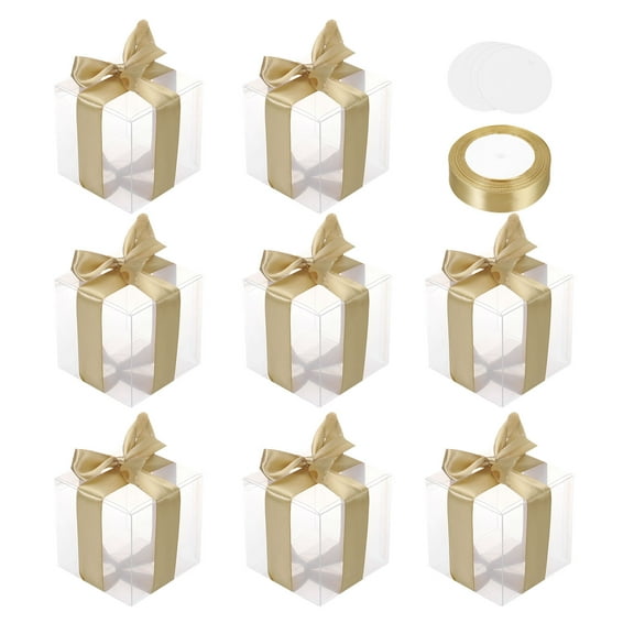 Uxcell 10 Pcs Clear Gift Boxes, 80x80x80mm Clear Boxes for Favors with Gold Ribbon Blank Tag, Plastic Gift Box for Wedding, Party Favors, Candy Boxes, Home Birthday Decor