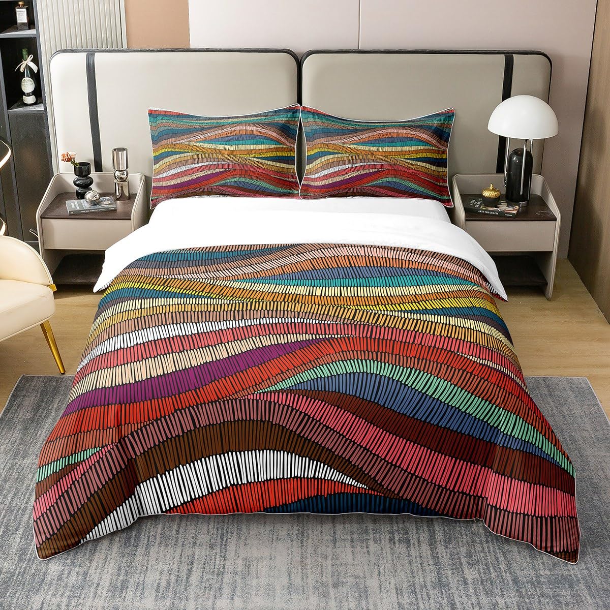 100% Cotton Boho Duvet Cover King Bohemian Wavy Bedding Set Rainbow Embroidered Waves Comforter Cover Geometric Tribal Ethnic Bedroom Decor Colorful Abstract Quilt Cover for Adult - image 3 of 6