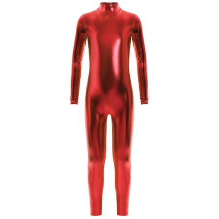 Sholeno Kids Boys Girls Long Sleeves Metallic Full Bodysuit Jumpsuit Unitard Ballet Gymnastics Dancewear Red S/120