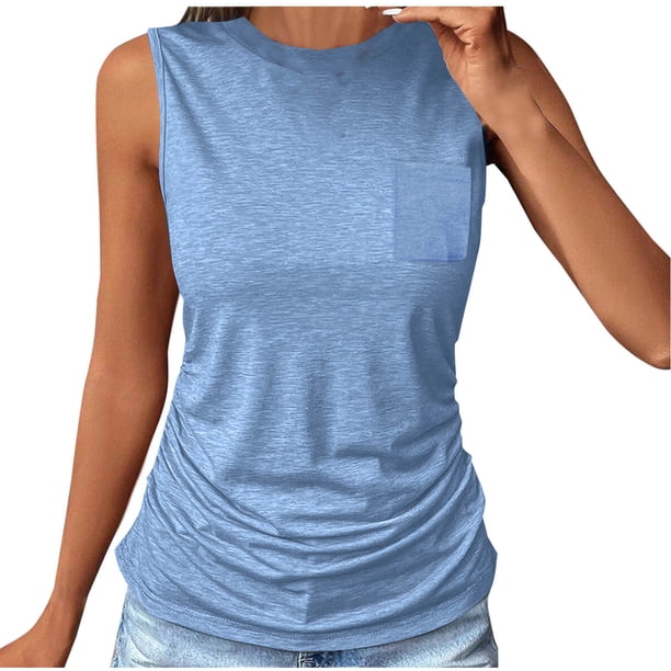 Blusas para las Mujeres Casual Verano Color Sólido Cuello Redondo Bolsillo sin Mangas Tanque Blusa, Poliéster Casual Top, Lavado de Manos