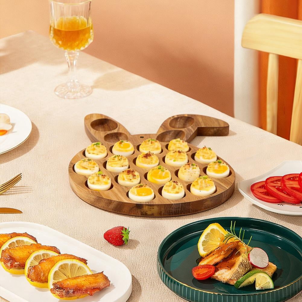 Wooden Deviled Egg Tray Bunny Shaped Deviled Egg Platter Holds 21 Eggs Double Sided Wood Charcuterie Board for Easter Spring Holiday Party Countertop Appetizer Serving Container