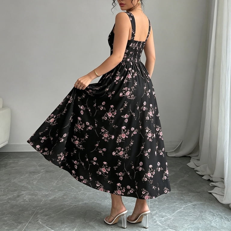 black floral flowy dress Myaoyi Women's Dresses for Women Formal Casual Square Neck Wide Strap A Line Maxi Dress, Size: Medium Spring Summer'25
