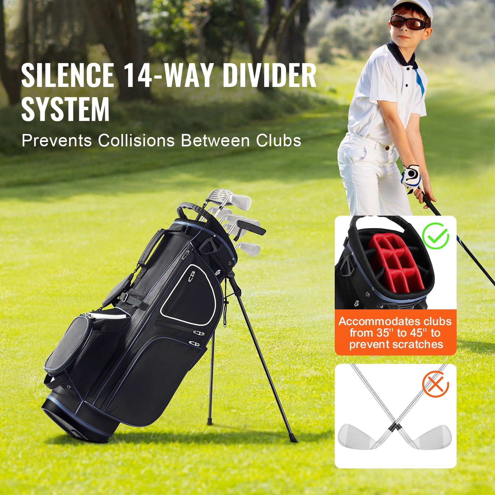 KFFKFF Golf Equipment Bag,14 Section Divider Top,35” 11 Compartments High-End Cart Bag with Stand,Robust Golf Carriers with Handles,Dust Protector & Removable Double Strap for Both Genders,Monochrome