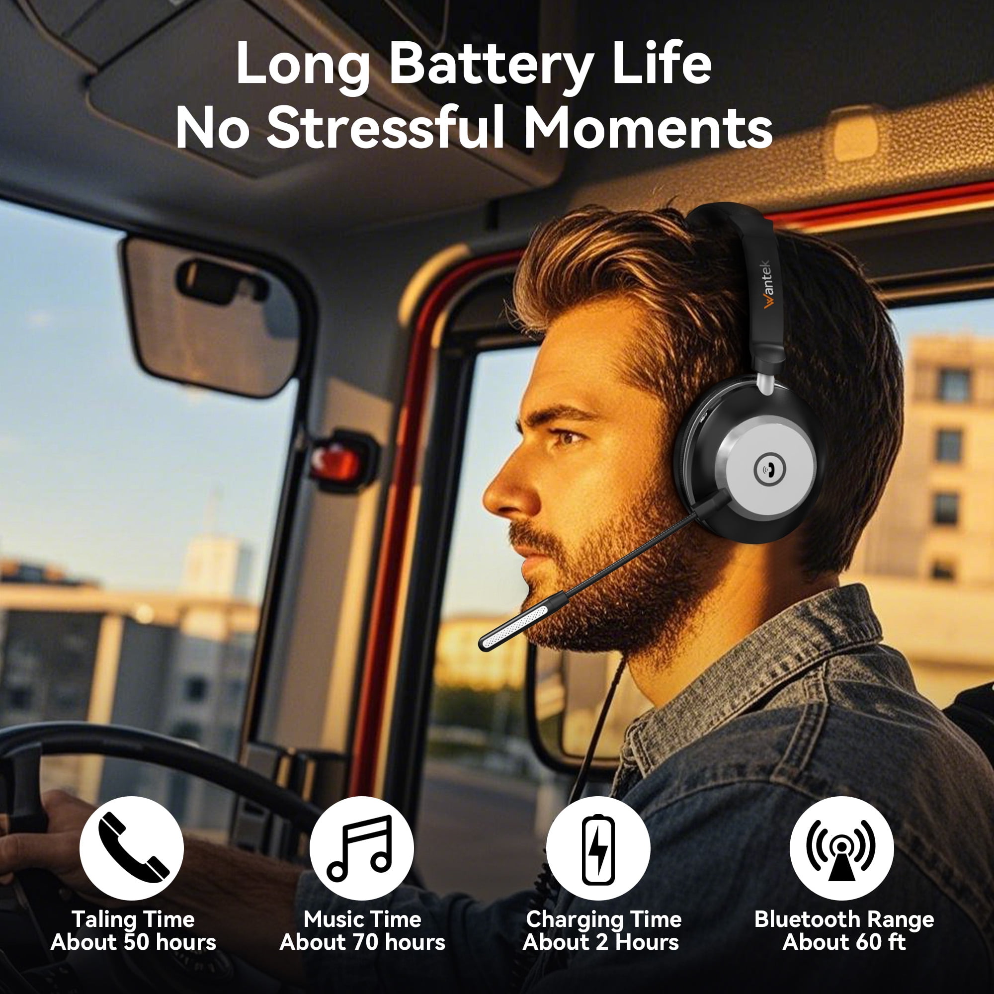 Trucker Bluetooth Headset with Microphone, with AI Noise Cancelling & Mute Button, Wireless On-Ear Headphones 60 Hrs Working Time, for Trucker Home Office Remote Work Zoom