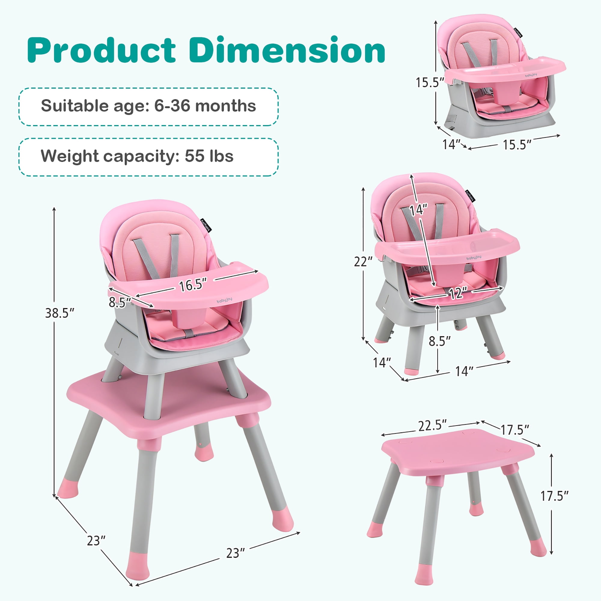 Costway 8-in-1 Baby High Chair Convertible Dining Booster Seat w/ Removable Tray Pink