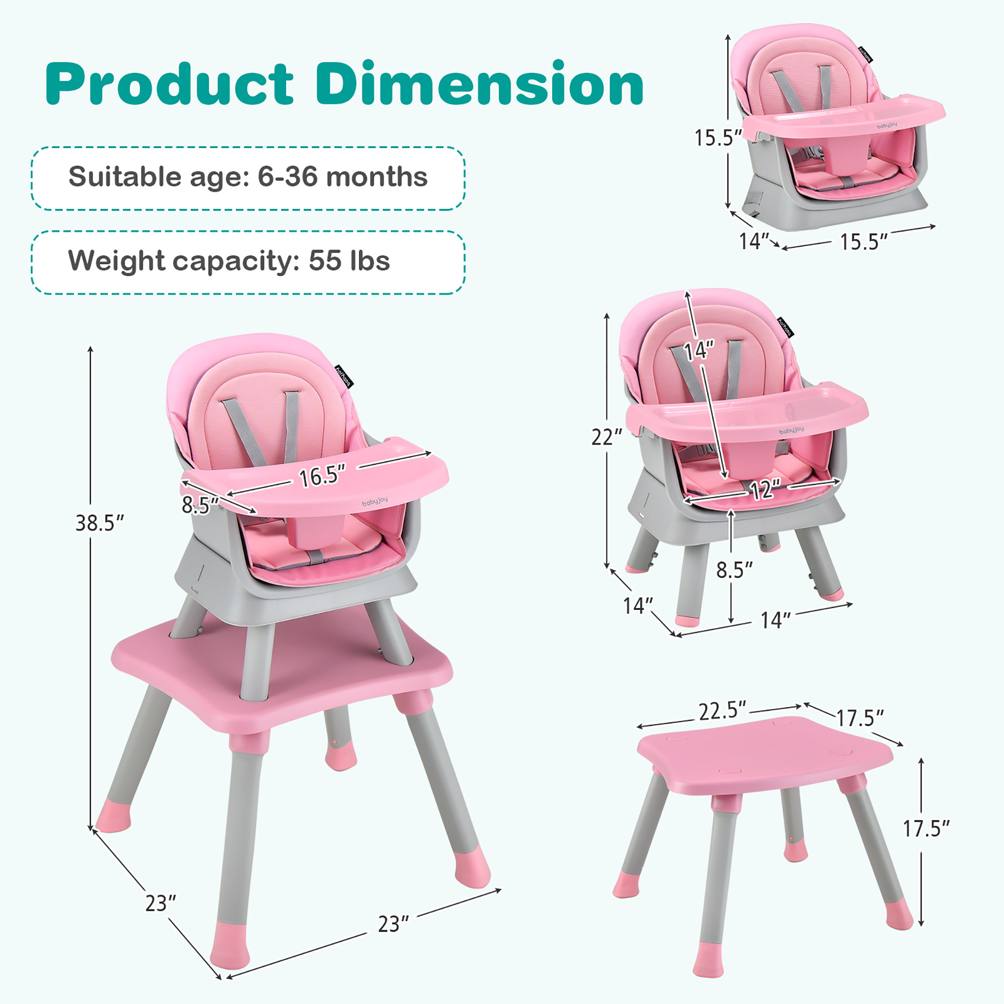 Costway 8-in-1 Convertible Baby High Chair with Removable Tray, Pink photo 3