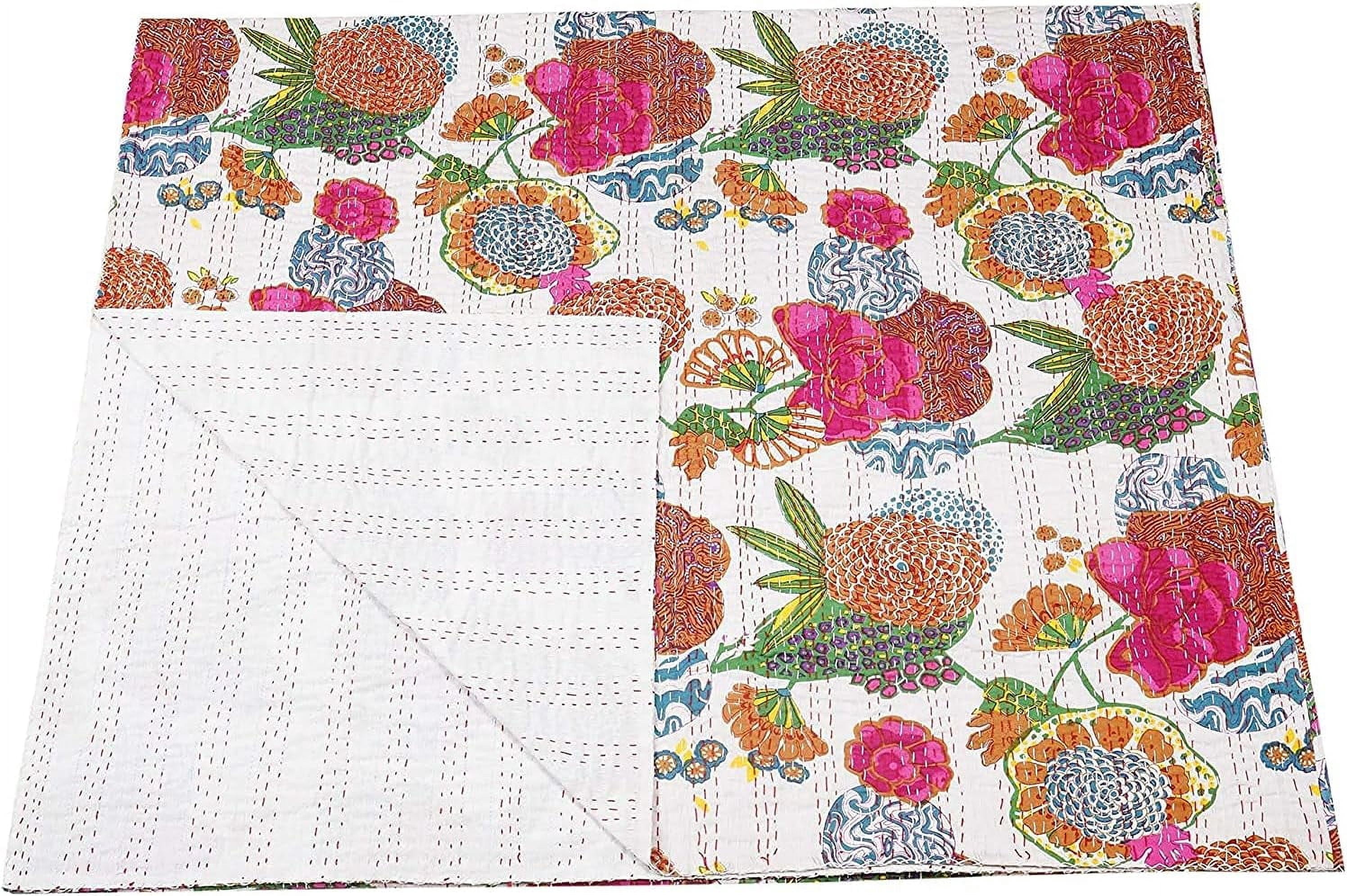 Indian Handmade Floral Print Kantha Quilt, Bedspread , Blanket Size ( Double 90" x 108" )