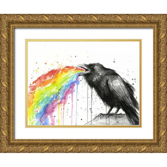 Shvartsur, Olga 32x25 Gold Ornate Wood Framed with Double Matting Museum Art Print Titled - Raven Tastes the Rainbow