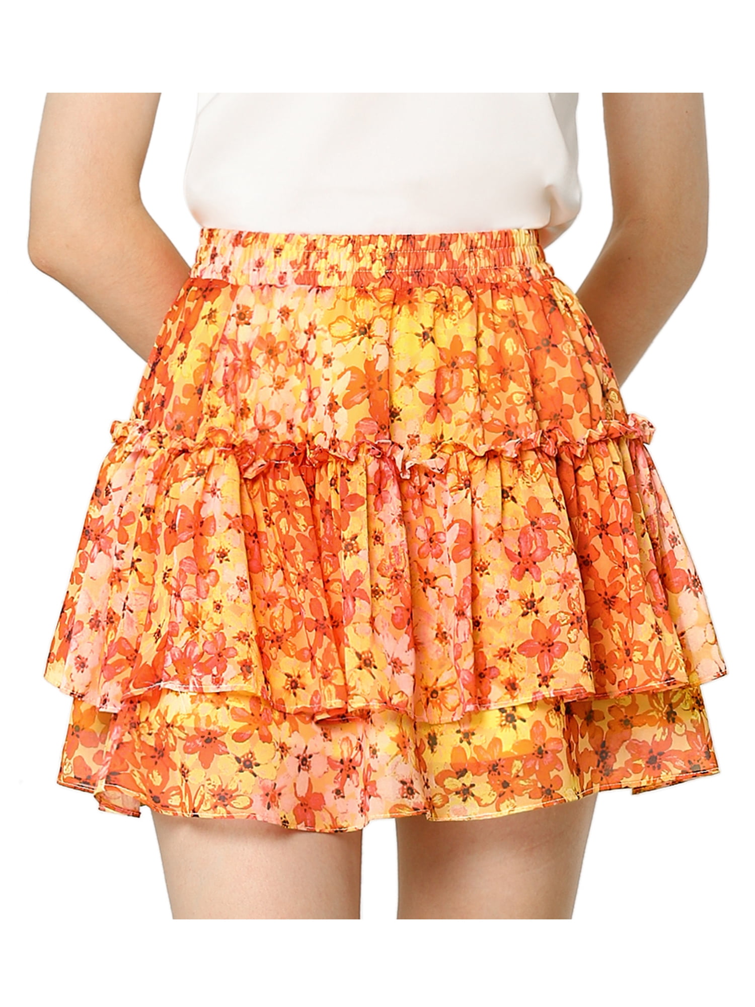 Allegra K Junior's Floral Print Elastic High Waist ALine Mini Skirt