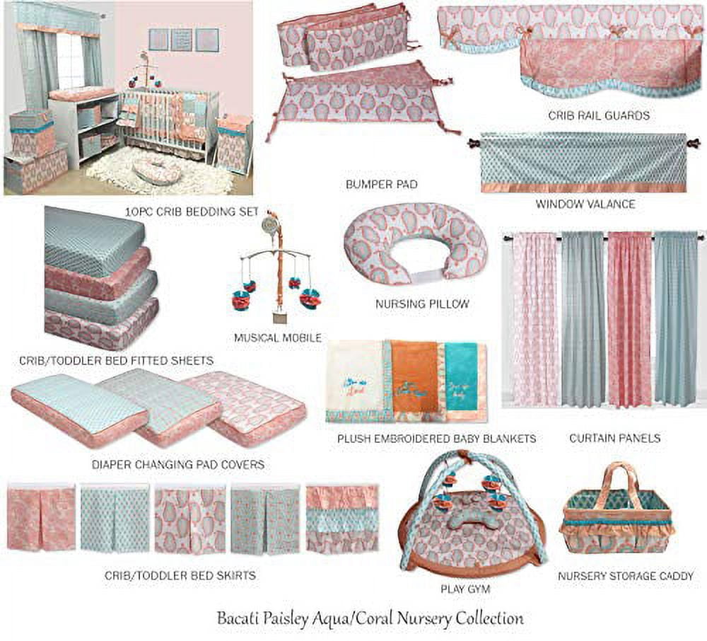 Bacati - Paisley Floral 100 Percent Cotton Percale 2 Pack Crib/Toddler Bed Fitted Sheets (Coral Scroll)