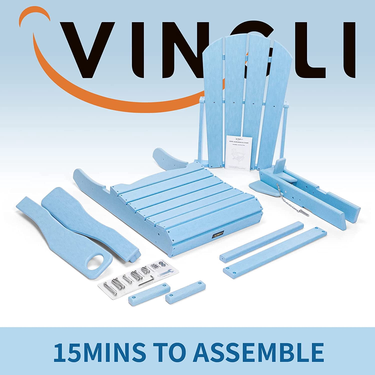 VINGLI HDPE Adirondack Chair, Blue with Cup Holder