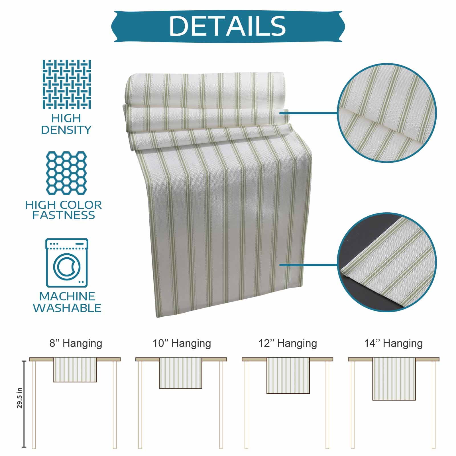 Sage Green Striped Table Runner, Sage Green White Stripes Farmhouse Washable Cotton Linen Table Runners 90 Inches Long, Dresser Scarf Runner for Dining/Coffee/Kitchen/Hallway Tables 13''x90''