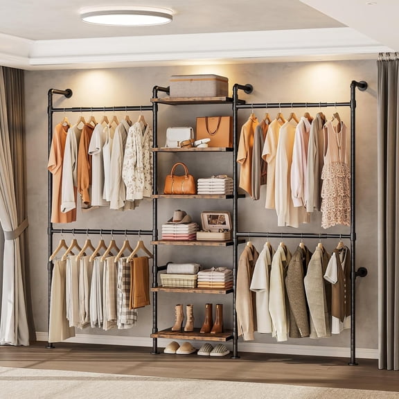 T1 Wall Mounted Closet System, Pipe Clothing Rack with 6 Wooden Shelves & 4 Telescopic Rods, Heavy Duty Closet Organizers and Storage in Wardrobe Closet (Rustic Brown)