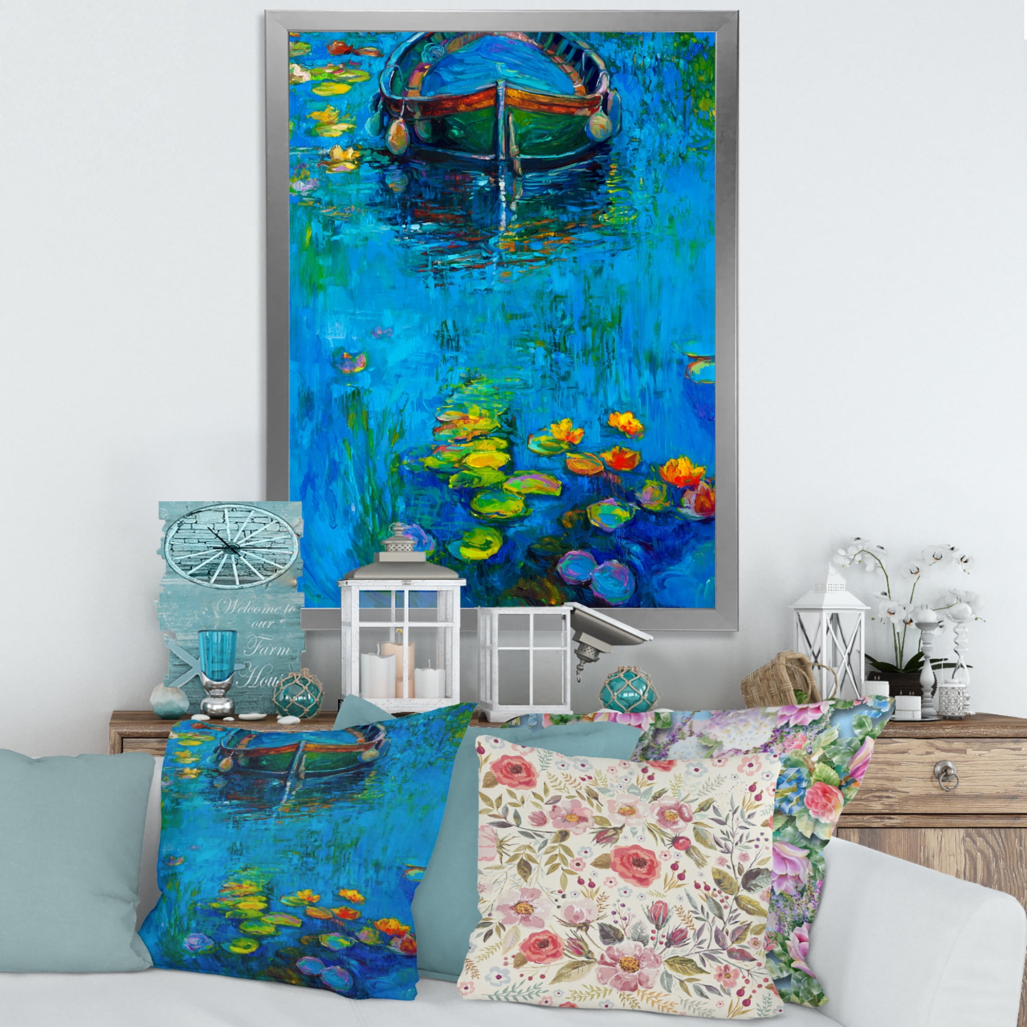 Designart 'Boat In Blue Lake' Nautical & Coastal Framed Art Print