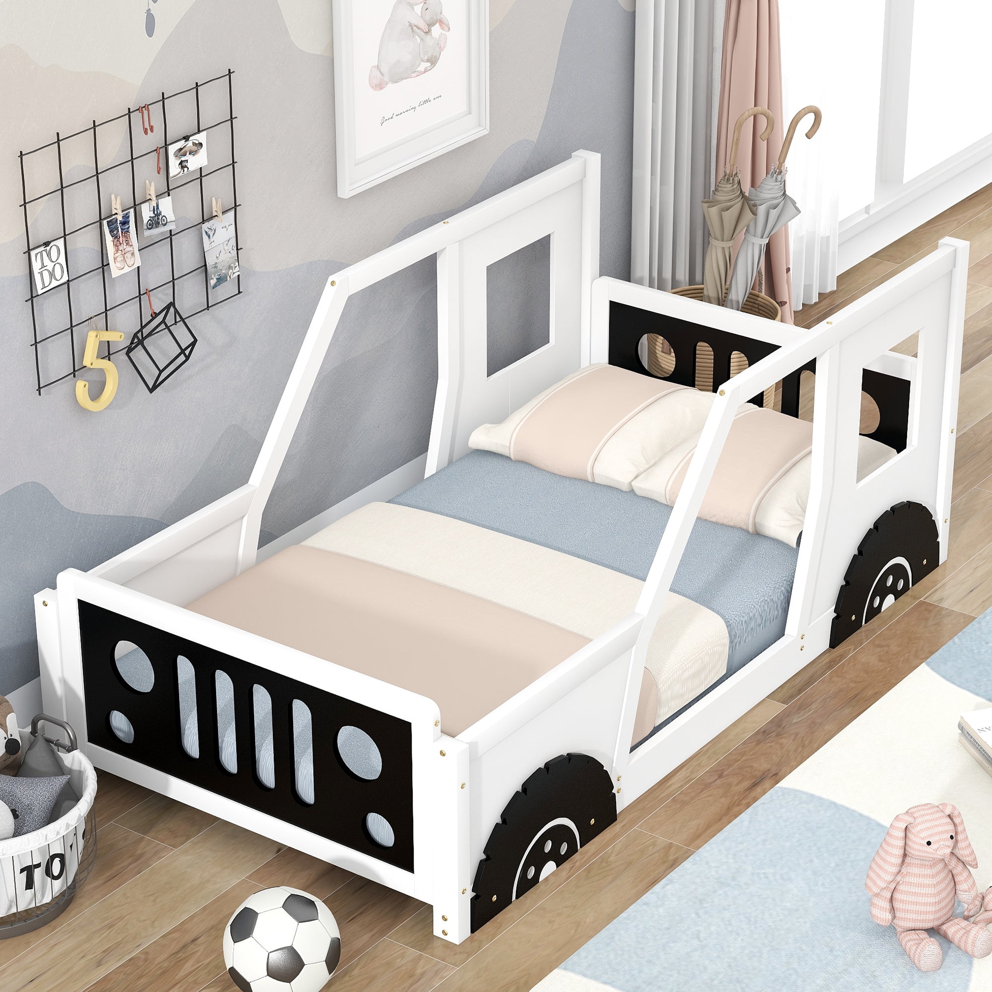 iRerts Classic Car Shaped Twin Bed Frame, Wood Twin Platform Bed Frame for Kids Toddlers Boys