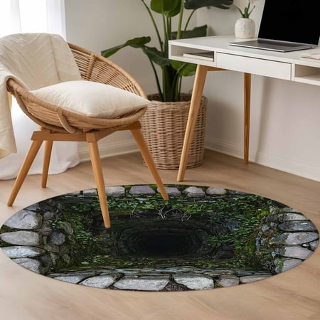 3.3ft Washable Round Rug Dried Well Non-Slip Circle Area Rug for Entryway Bedroom 3D Abstract Mysterious Ancient Stone Cave Plant Indoor Accent Floor Mat for Home Decor
