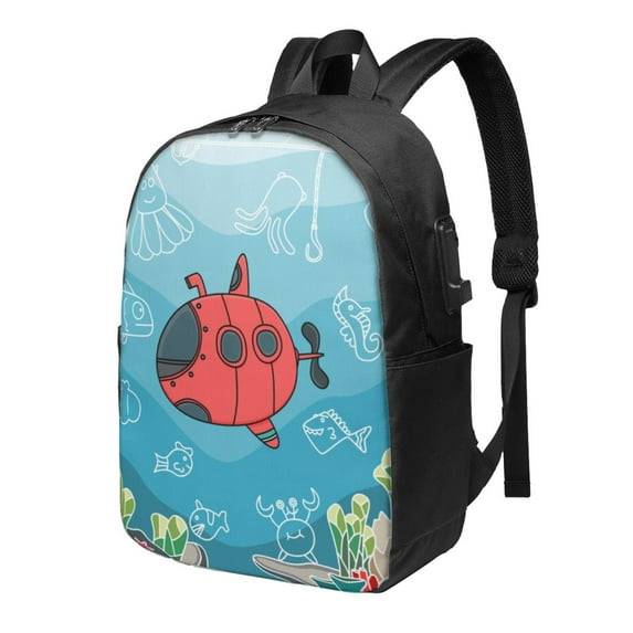 YFYANG 17" Laptop Backpack, Cartoon Submarine Pattern Fashion Travel Work Backpack with USB and Headphone Cable Interface for Men and Women