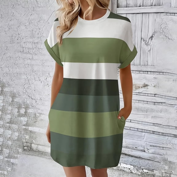 Mifsaly Plus Size Striped Dress for Women Crewneck Short Sleeve Summer T Shirt Dresses Breathable Work Casual Daily Wear Sundresses with Pockets XXXL