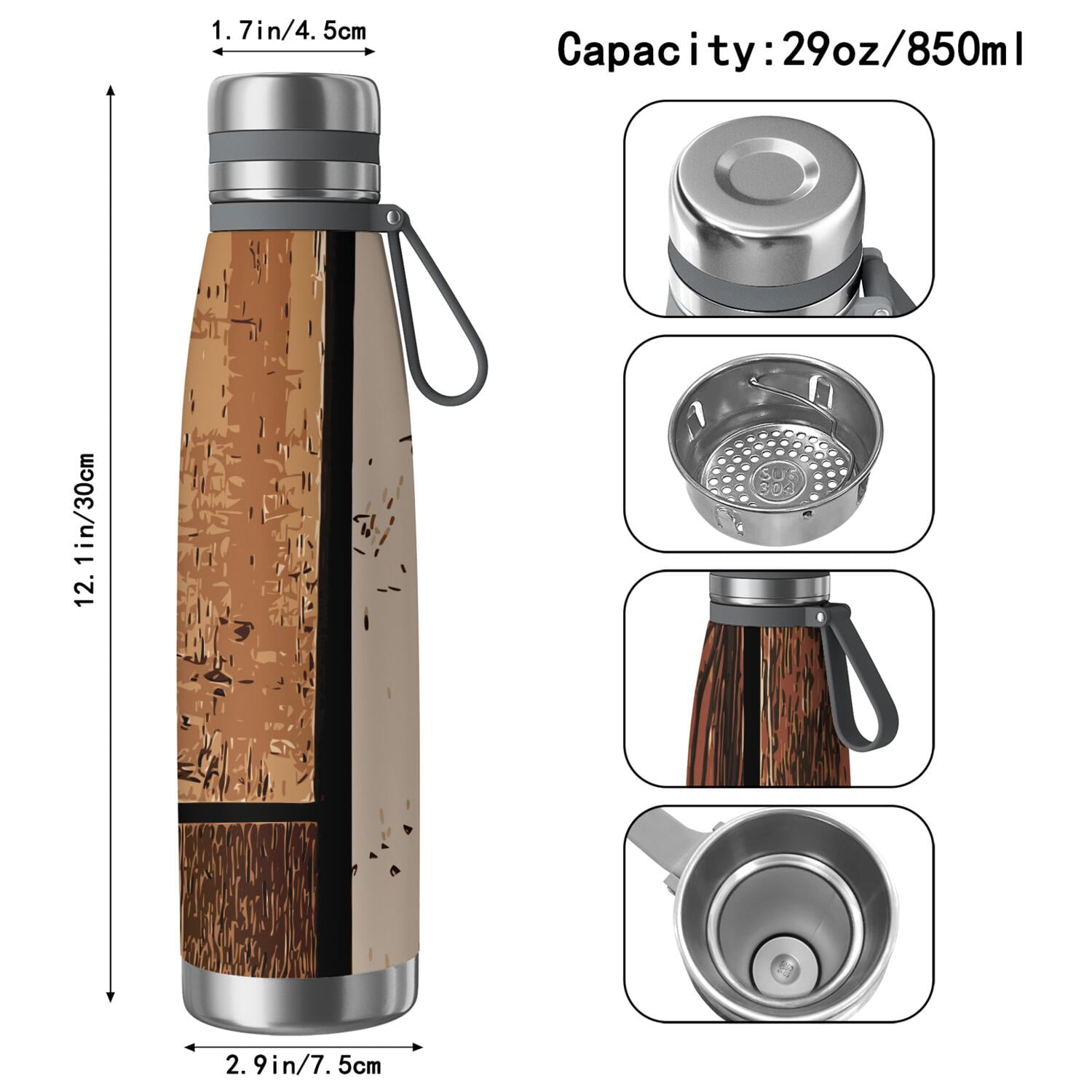 29oz Insulated Water Bottle with Tea Infuser, Stainless Steel Travel Mug, Wood Print