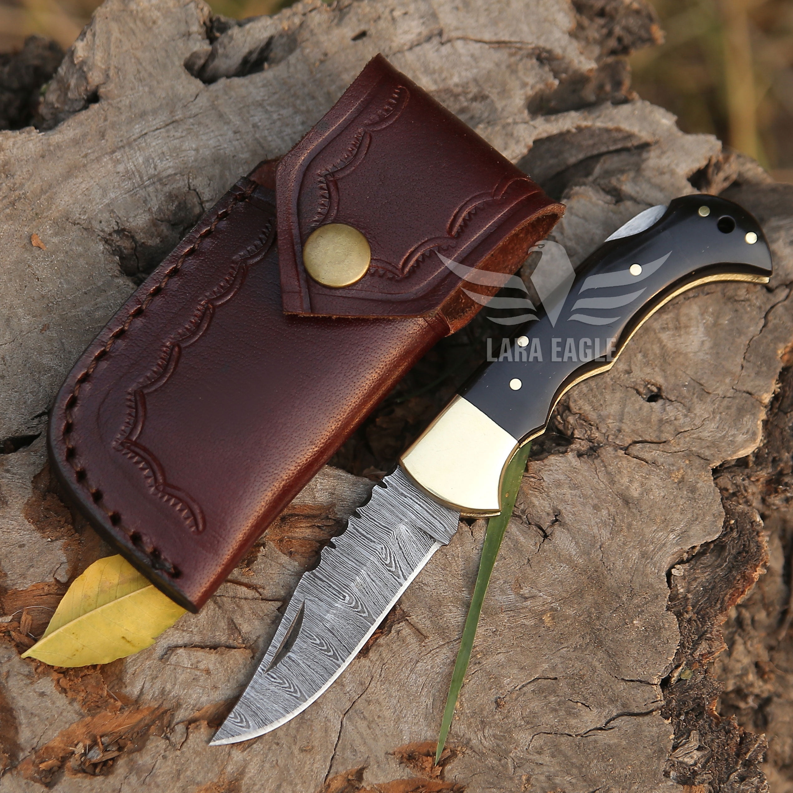 Lara Eagle Damascus Pocket Knife for Men - 3 inch Blade, 133 Layer Solid Steel Handmade Black Folding Knife with Sharpener and Leather Pouch - for Camping, Hunting, Hiking.