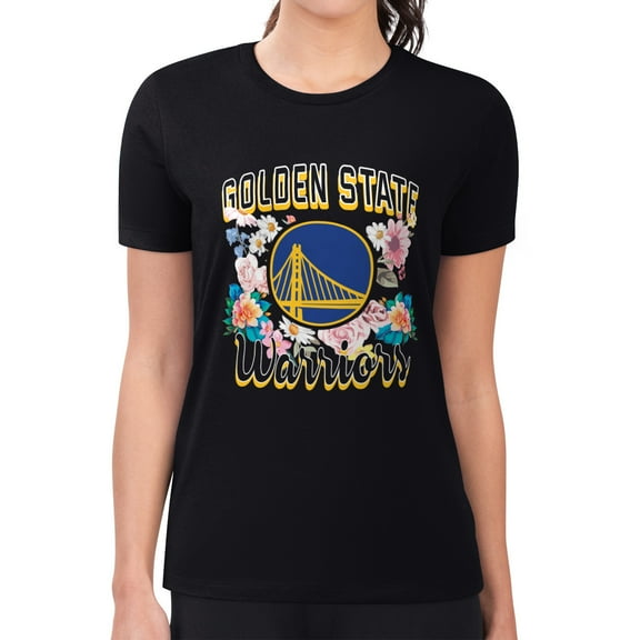 Women's G-III 4Her by Carl Banks Black Golden State Warriors Super-Slim Fit Lightweight Flowers Team Logo Graphic