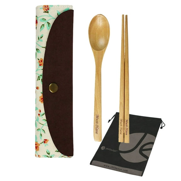 JAVOedge Wooden Chopsticks and Spoon Lunch Silverwear Set with Beige Flower Holder