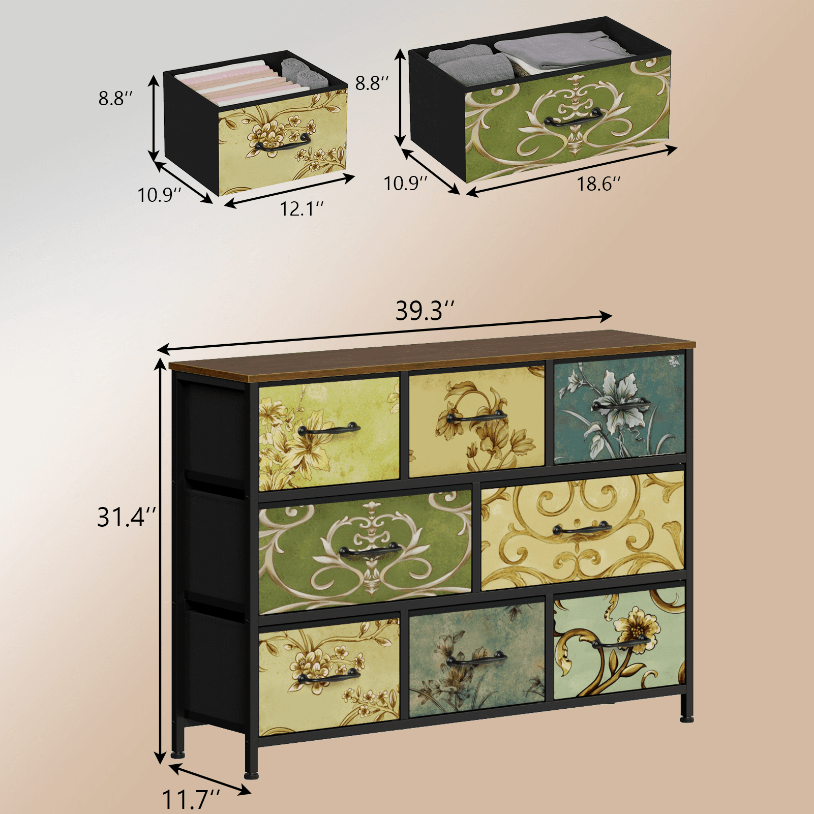 TYDIMOR Fabric Dresser for Bedroom, 8 Drawer Chest of Drawers, Retro Flower, Ideal for Adults