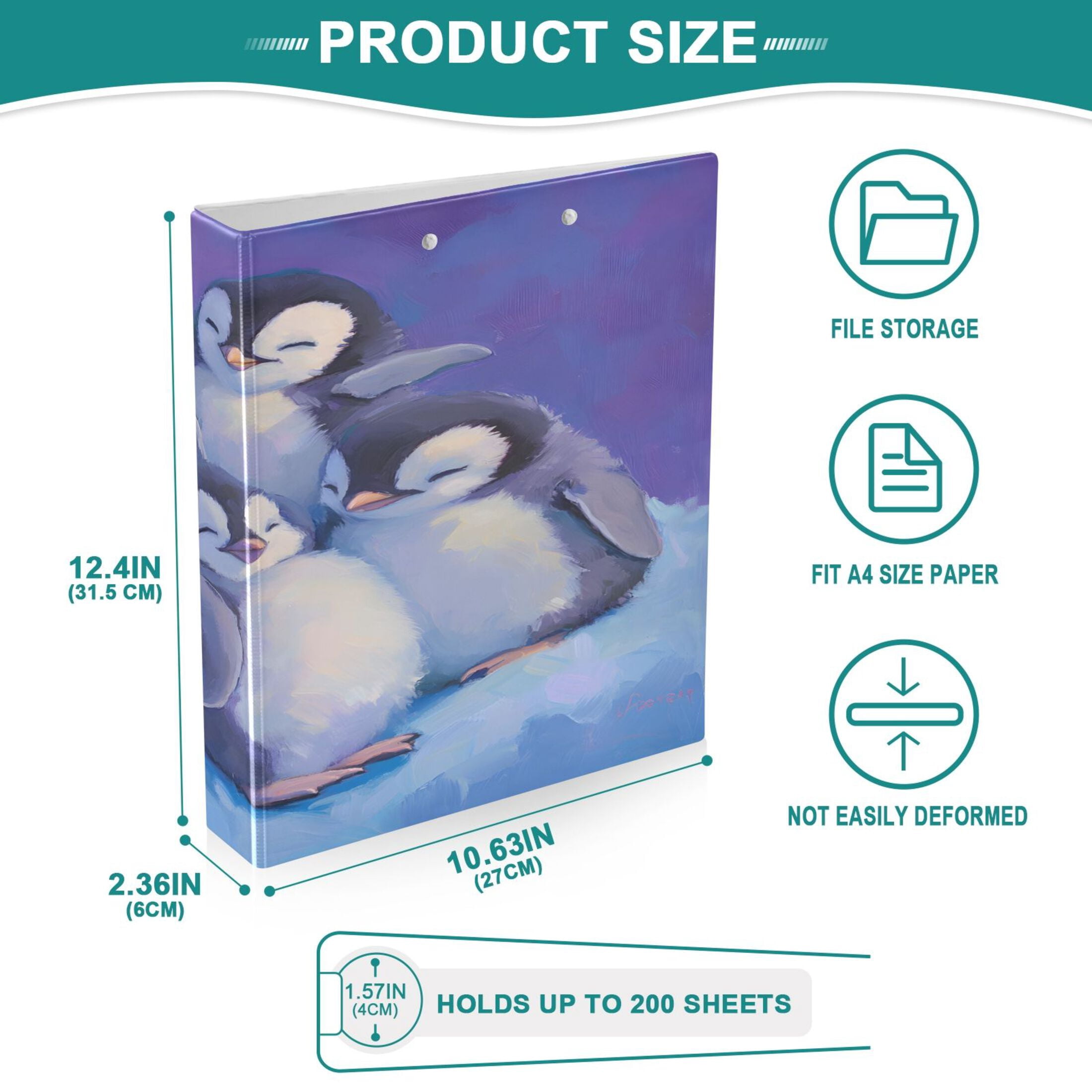 Penguins Plush Absorbent 12.4x10.6in PVC Round Ring Binder, D-Ring 3-Hole, Metal Clip, 200 Sheets