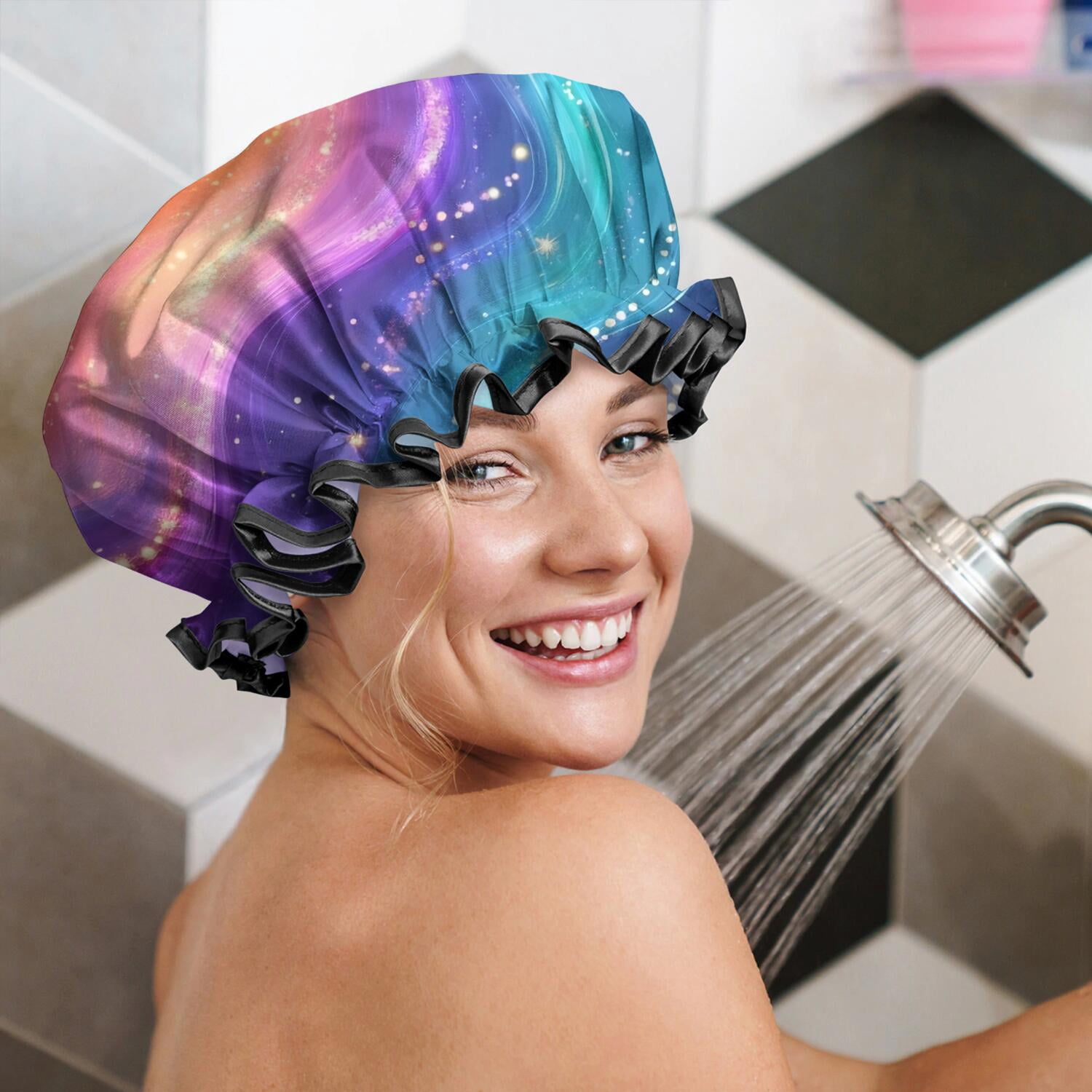 Shower Caps,Rainbow Tie Dye Wave Pattern Waterproof Shower Cap for Women 4 Pieces,Double Reusable Hair Cover for Shower PEVA Elastic Stretch Hem