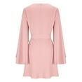 thumbnail image 7 of Women's Solid Color Satin Dress Bell-Sleeve Long Sleeve Casual Crew Neck Ruched Tie Waist Party Mini Dress, 7 of 7