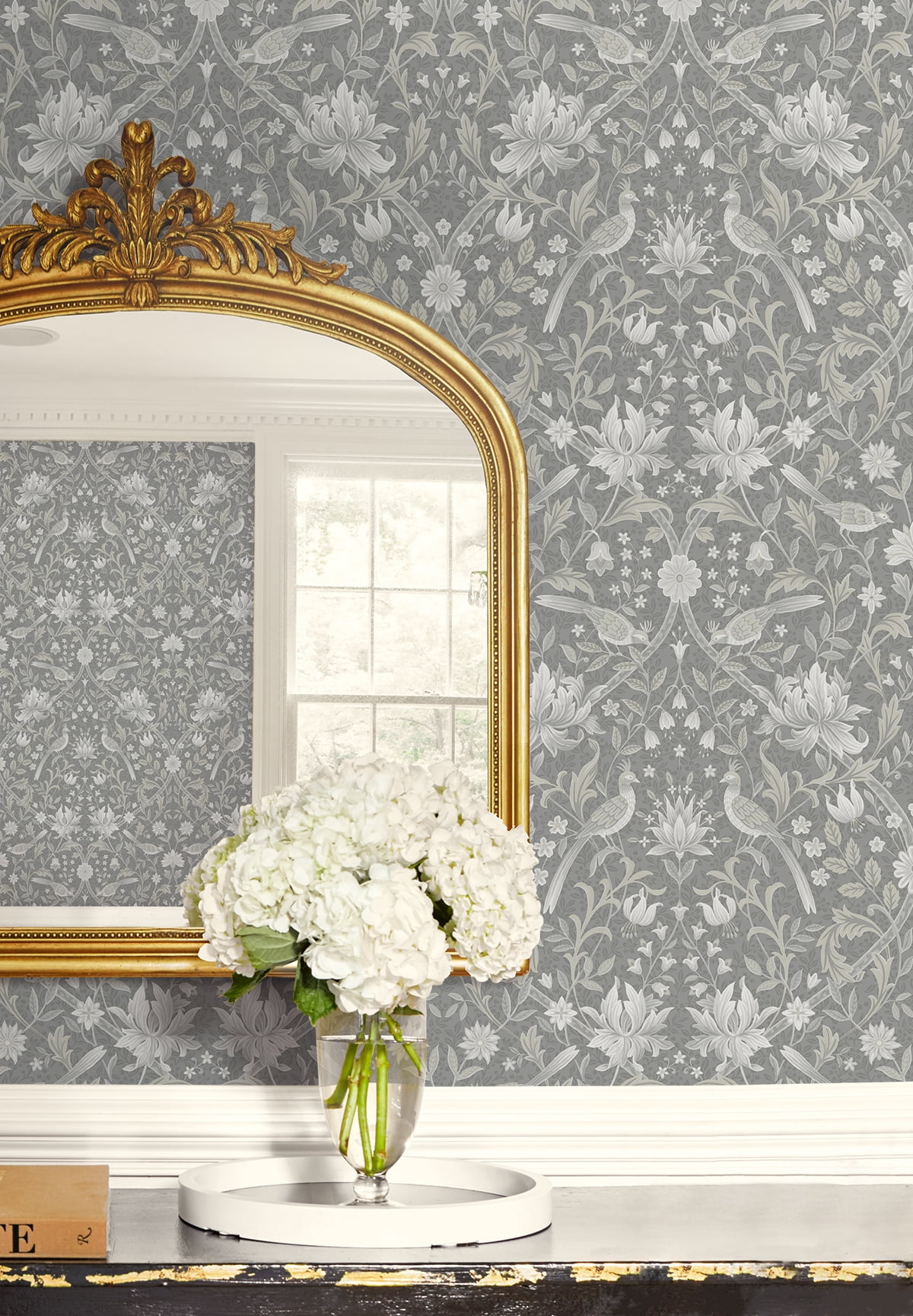 NextWall Grey Vintage Bird Ogee Peel and Stick Wallpaper - 20.5 in. W x 18 ft. L Roll