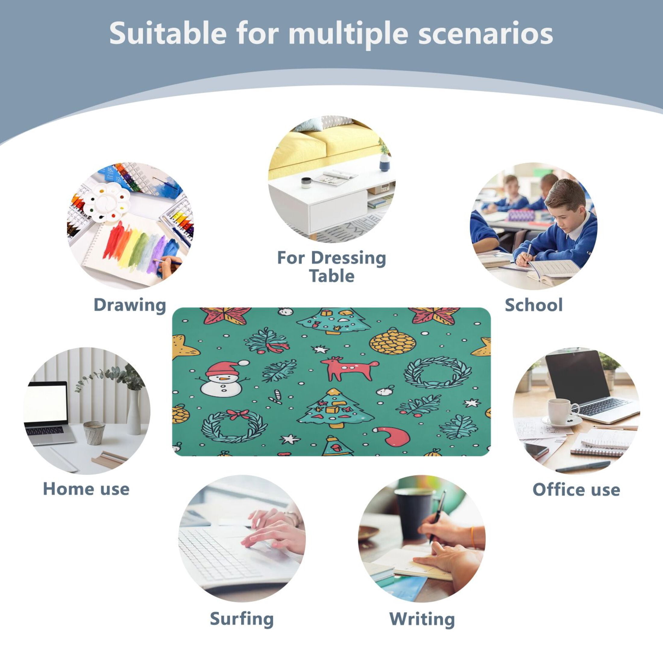 Wobogo Cartoon Christmas Patterns with Simple Lines Gaming Mouse Pad Non-slip Leather Desk Mat Water Resist Keyboard Pad for Gamer Office 23.6×47.2in